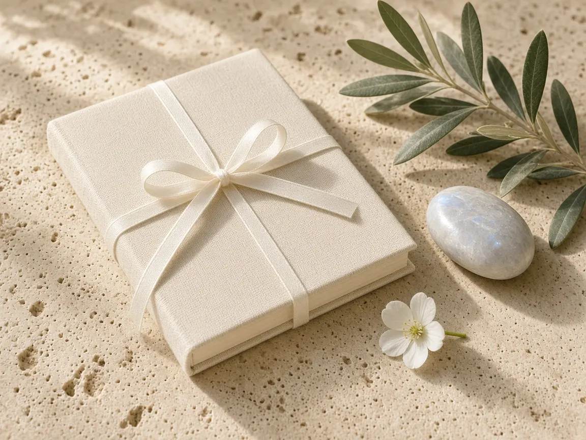 A linen journal, a moonstone, and a sprig of olive in soft morning light