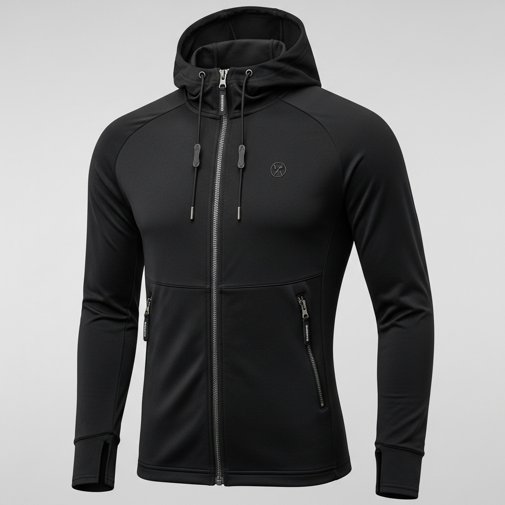 Elite black performance hoodie with athletic cut and premium zippers
