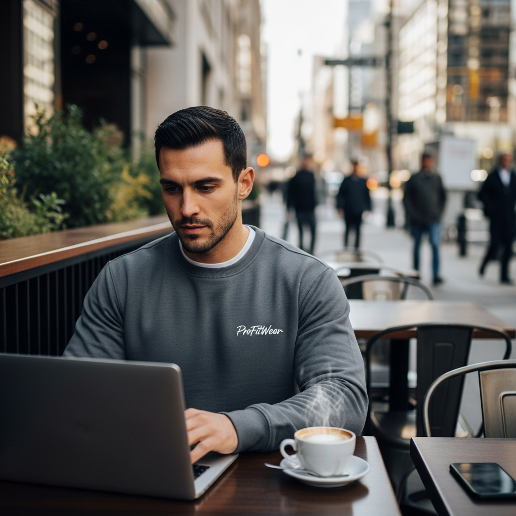 Professional wearing ProFitWear sweatshirt at urban cafe