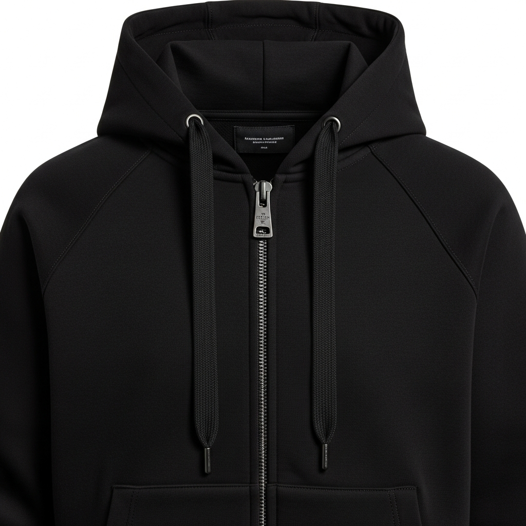 Stealth black zip-up hoodie with premium hardware