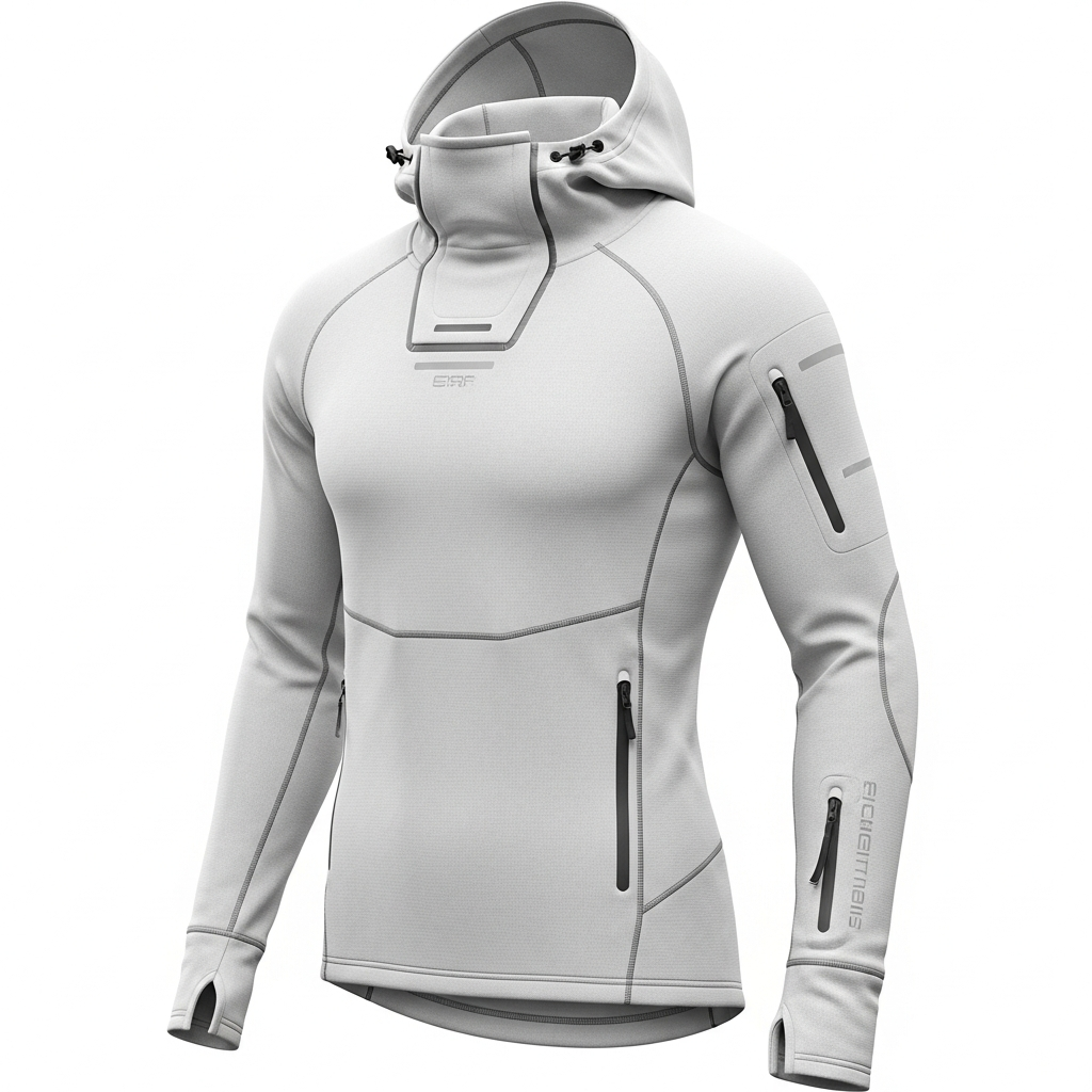 Arctic white performance hoodie with technical details